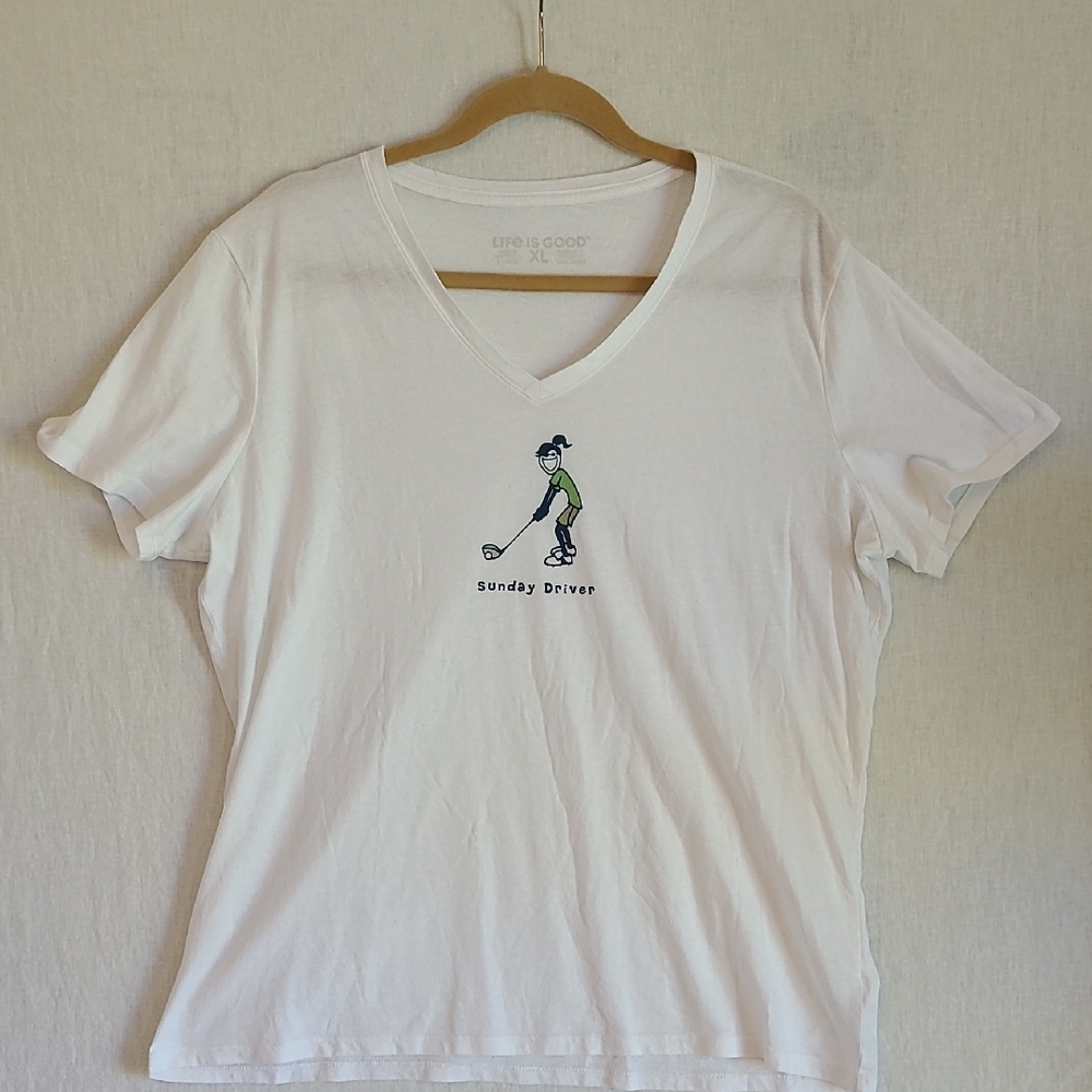 Life Is Good White V-Neck T-Shirt with Golf Graphic Size XL